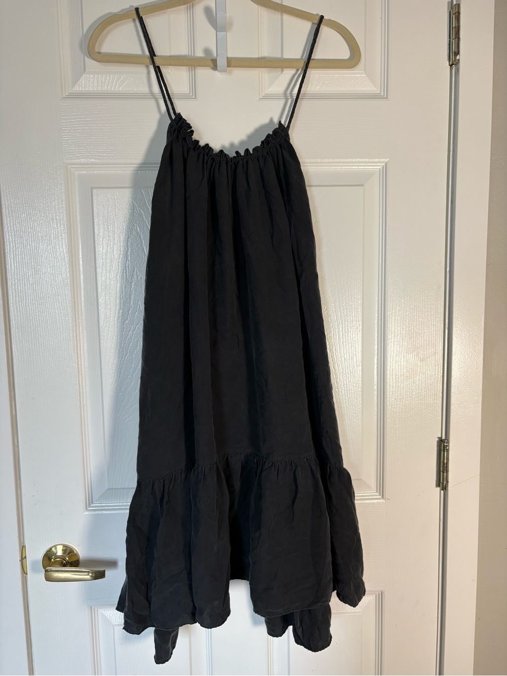 Unsubscribed Silk Habotai Ruffle Cami Dress in washed black